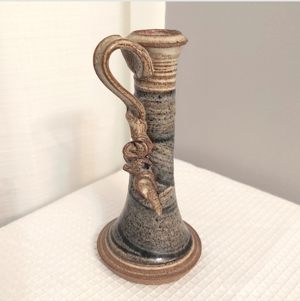 Art Pottery Ribbon Handled Bud Vase Stripe Glaze Stoneware Signed Allen